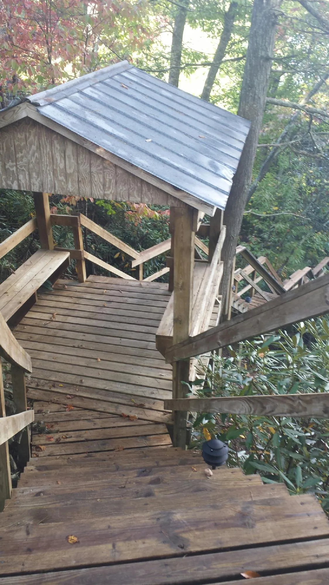 Metal roofed shelter over wooden steps on a wooded walkway — Skylight Repair & Installation work by our crew in Calhoun